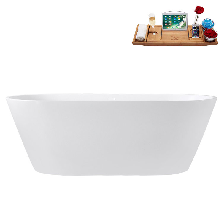 67" Streamline Soaking Glossy White Freestanding Tub and Tray With Internal Drain