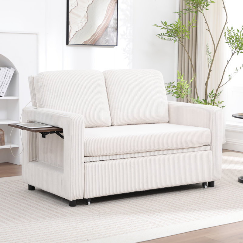 Upholstered Convertible Sleeper Sofa featuring USB Ports and Side Pocket, Beige Corduroy