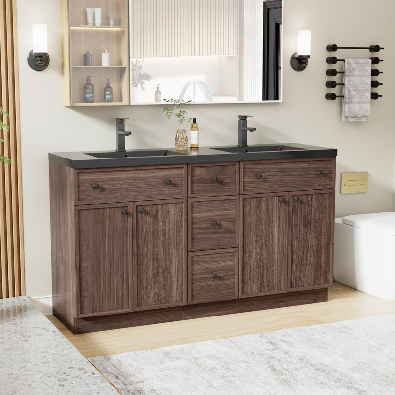 48" Modern Farmhouse Double Sink Bathroom Vanity With Resin Sink Top, Natural Wood Tune, Assembly Required, Brown, 48"