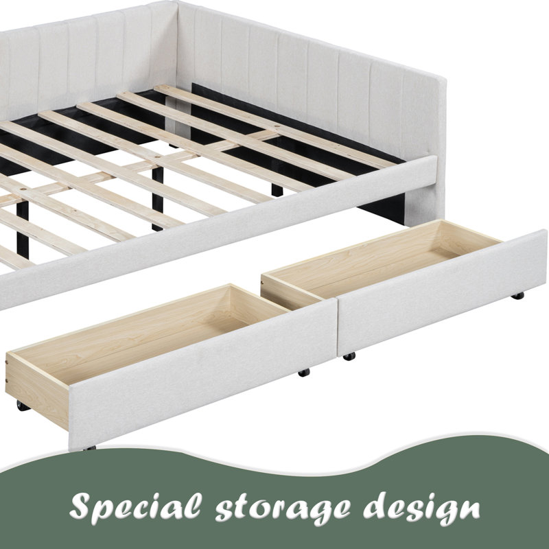 Full Size Upholstered Daybed With 2 Storage Drawers Sofa Bed, Beige