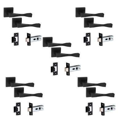  5 Sets Straight Astrid Premium Design Door Handles on Square Rose in Matt Black Finish with 2.5" Latch and 1 Pair of Ball Bearing Hinges