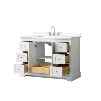 Meuble-lavabo simple 48 po Avery en blanc, comptoir en marbre de culture de Carrare, lavabo carré encastré (3 trous), garniture en chrome poli