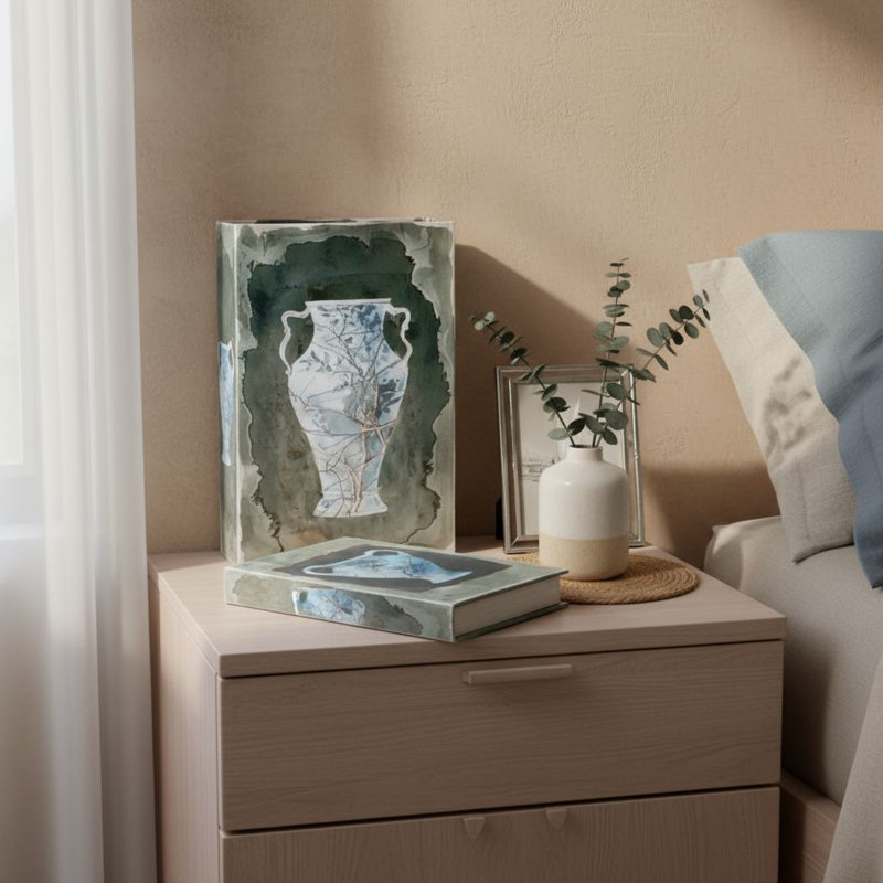 2 boîtes à livres décoratives avec motifs de vases bleus et dorés, classe: décoration et coussins décoratifs