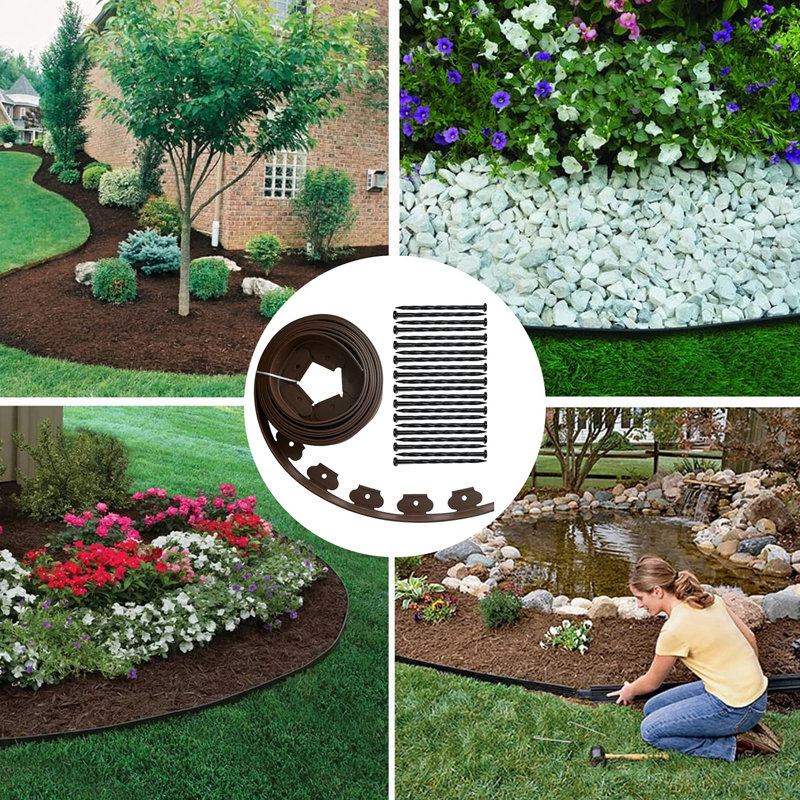 Brown 40 ft Plastic Garden Edging Kit with Spikes