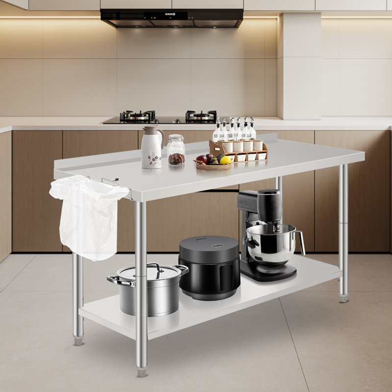 Table de travail en acier inoxydable de 60 po x 24 po x 35 po avec double tablette, station de préparation robuste pour la cuisine, le restaurant ou le garage