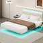 Pas de sommier nécessaire, grand lit, beige, ressort, tête de lit réglable, lumières à DEL, revêtement en velours, cadre de lit de tête de lit flottant,