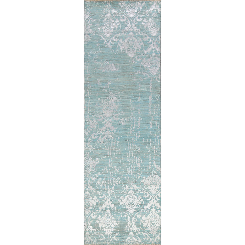 Tapis de couloir unique en laine noué à la main 2 pi 8 po x 9 pi 11 po nouvel âge bleu / blanc