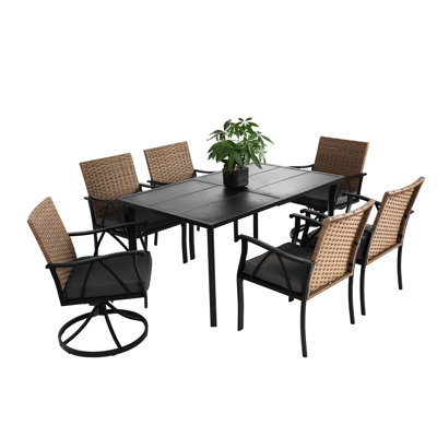 7 Piece Patio Table And Chairs ,Steel With Umbrella Hole, Chairs,Brown/Grey Outdoor , 7 Comfortable Steel Table,Brown/Grey