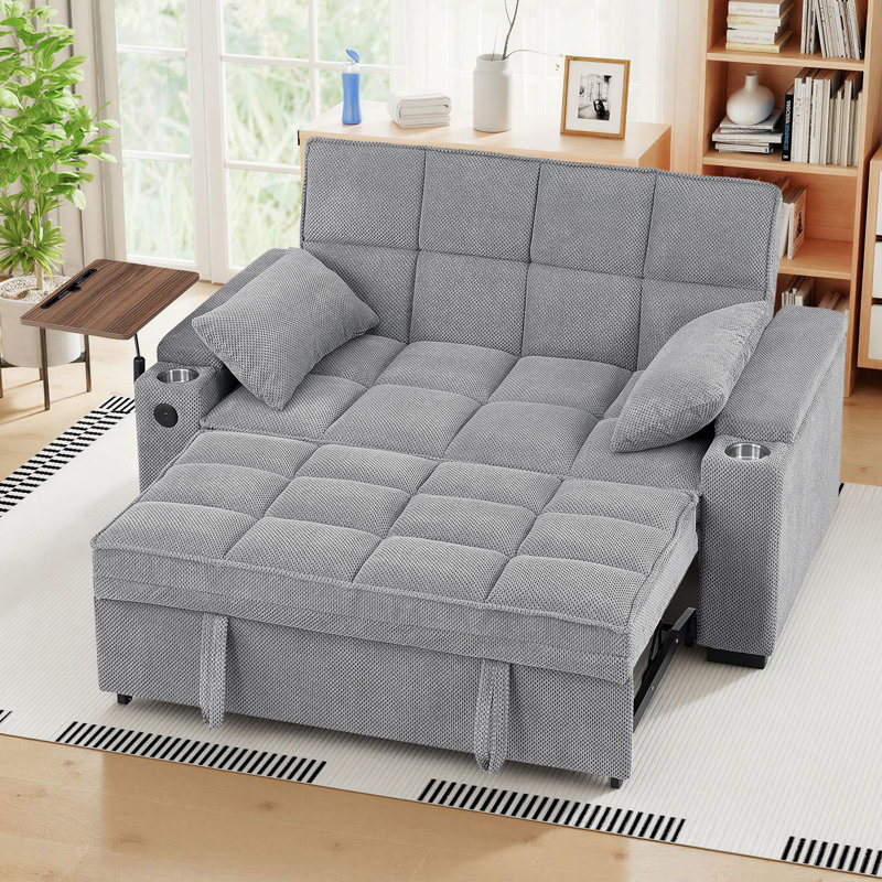 Canapé-lit convertible de 63 po avec port USB, LightGray Dotted Chenille