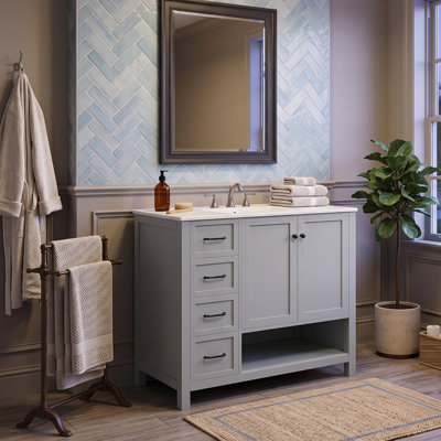 Meuble-lavabo moderne 36 po avec lavabo en céramique, armoire de rangement en bois massif avec tiroirs et tablette ouverte (blanc / noir / gris)