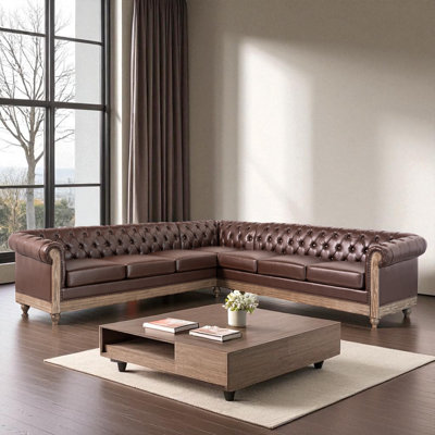 L-Shape 104.02" Wide Symmetrical Upholstered Sectional With Chesterfield Design & Solid Wood Legs by Canora Grey