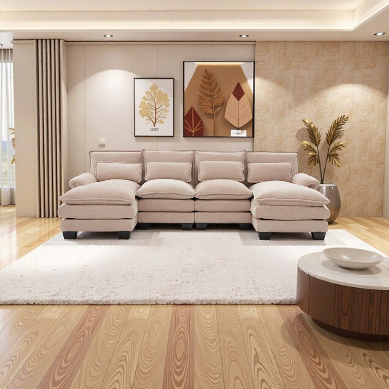 U-Shaped Cloud Sectional Sofa with Double Chaise, Chenille Fabric 8-Pillow Sofa, Brown Chenille