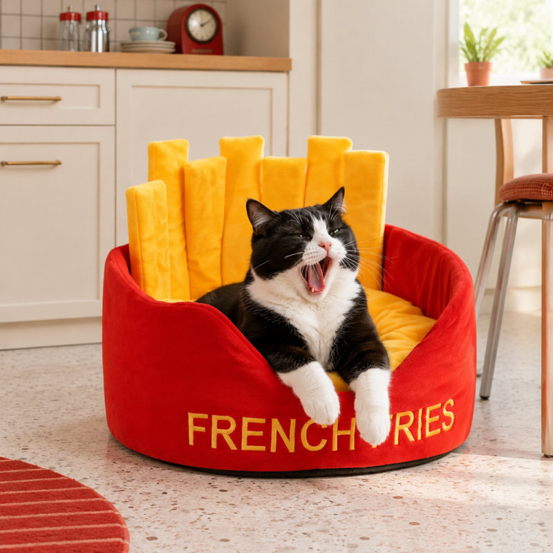 Lit pour chat fermé de style frites, maison-grotte créative pour animal de compagnie avec coussin moelleux épais, nid douillet pour chats et petits chiens