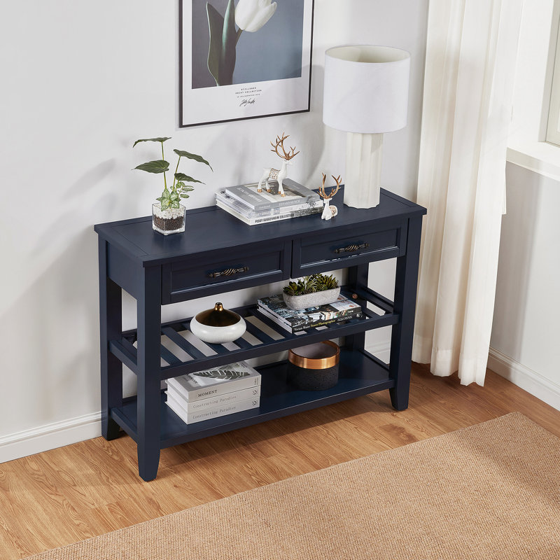 Console rétro avec deux tablettes ouvertes, structure en bois de pin massif et pieds pour le salon, Marine, Marine