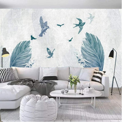 Monochrome Dark Blue Feather With Birds Removable Wallpaper