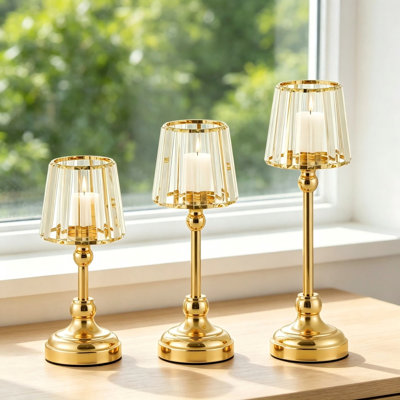 3 Piece Metal Tabletop Hurricane Candle Holders, Gold Modern Pillar Candlesticks