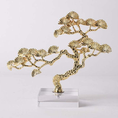 Small Golden Bonsai Sculpture On Crystal Base