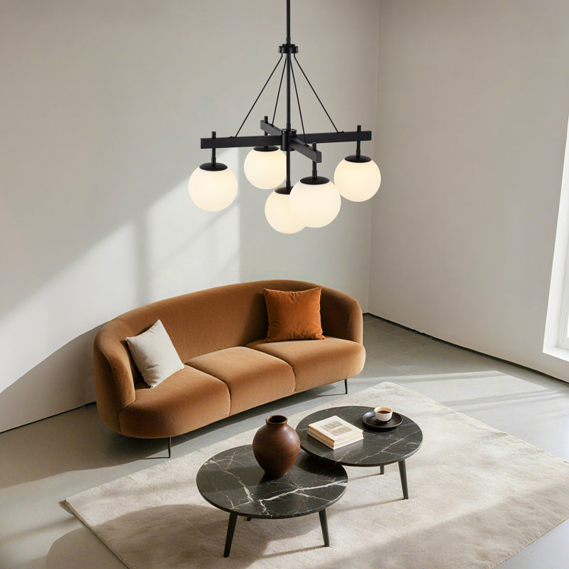 5-light Dimmable Sputnik Chandelier Atomic Tiered Cluster Globe Bubble Chandelier with Opal Glass Globe, Matte Black
