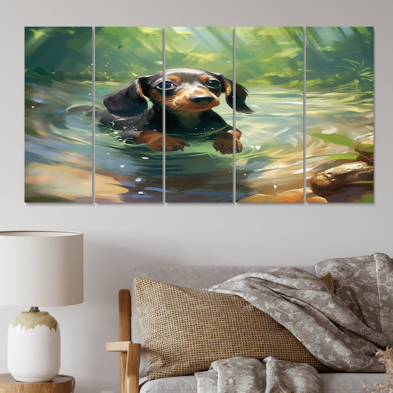 «Black Dachshund's Distinctive - Animals Dog Daschund», reproduction sur toile - 5 panneaux égaux
