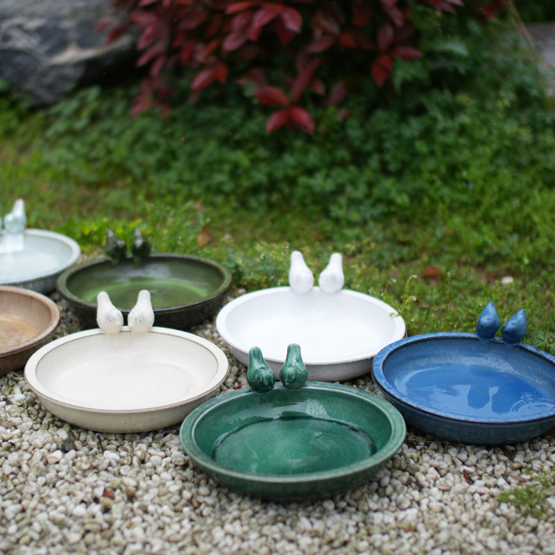 Bain d'oiseaux en céramique fait main, bol de 30 cm pour l'extérieur avec décorations d'oiseaux, abreuvoir pour oiseaux sauvages et autres animaux sauvages