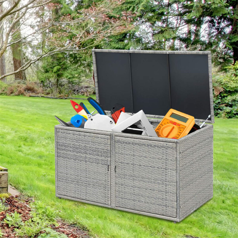 2-Tier Garden Storage Box, 2-Way Opening Rattan Deck Box Chest With Flip-Top Lid, Outdoor Weatherproof Storage Organiser With Metal Frame For Toy Cushion Poolside Patio Balcony