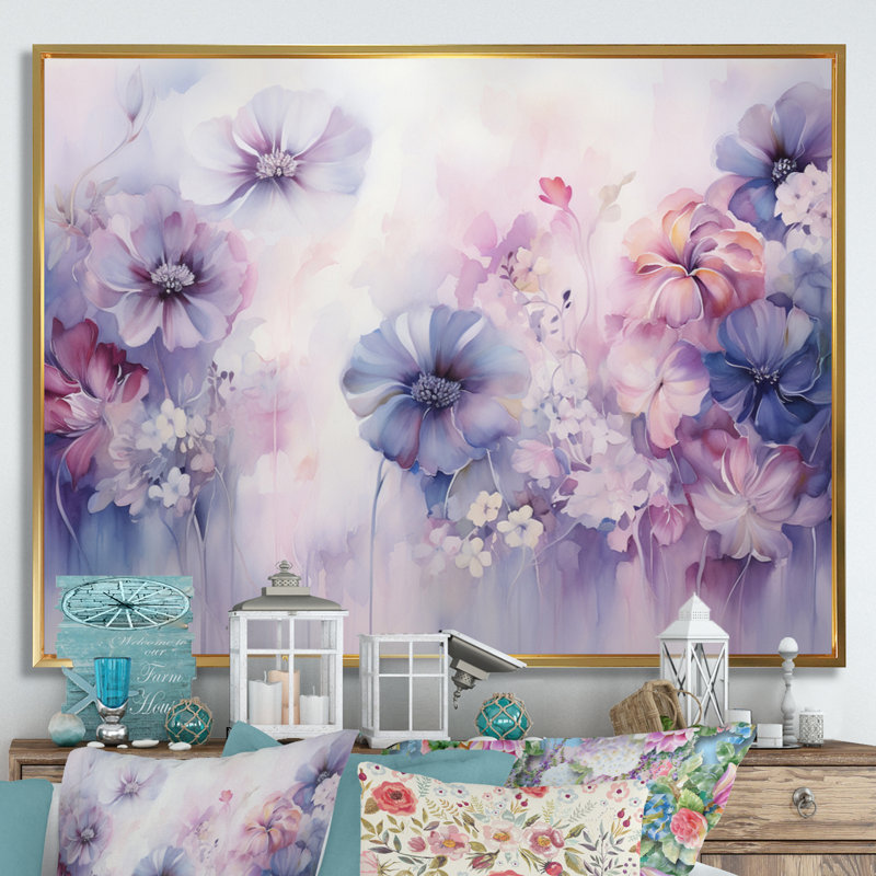 Impression sur toile mauve et mystique mauve, H 34 po x l 44 po x P 1,5 po, Cadre flottant doré
