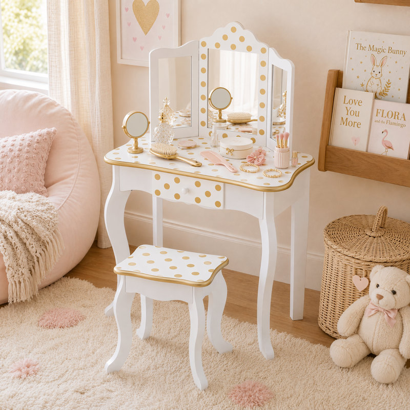 Ensemble de coiffeuse en bois Teamsis pour enfants avec miroir à trois volets, tiroir de rangement, tabouret assorti et table de maquillage pour enfants de 3 ans et plus
