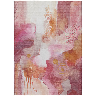 Machine Washable Indoor/Outdoor Xhevrie Pink Rug