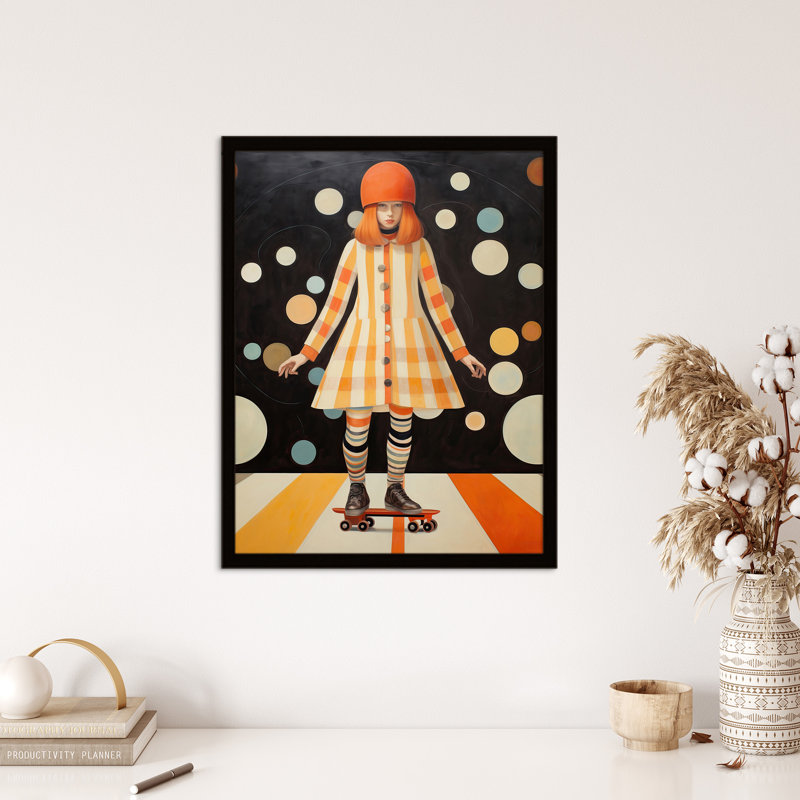 Surreal Skater Girl in Retro Skate Park Orange Black White 1 Piece Single Picture Frame Wall Art