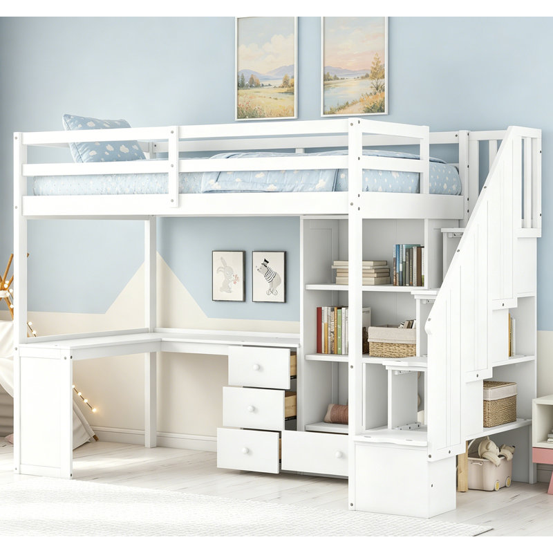 Lit mezzanine simple avec bureau en L, tiroirs, armoire et escalier de rangement, maximisant l'espace et le rangement, White