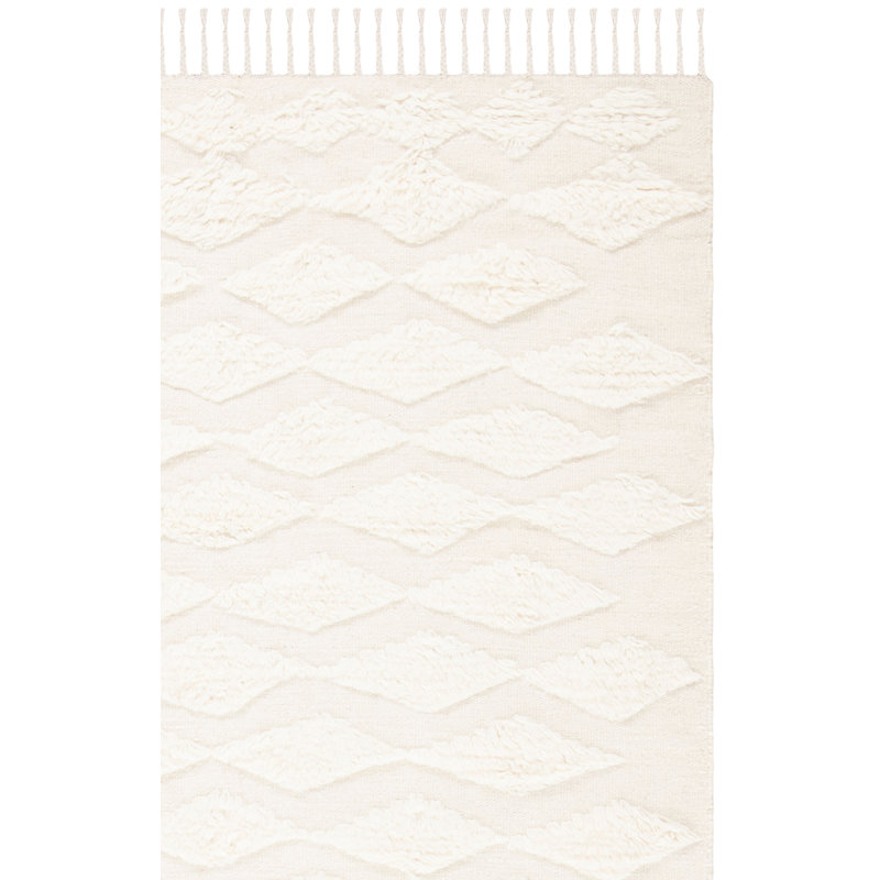 Tapis beige en laine tissé à plat à la main à motif géométrique Janis, Rectangle 6 pi x 9 pi
