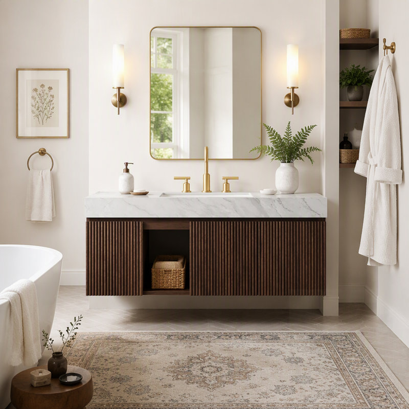 Meuble-lavabo avec lavabo suspendu et rangement intégré, comptoir en pierre frittée veinée gris Carrara, lavabo en céramique, 3 trous pour robinetterie