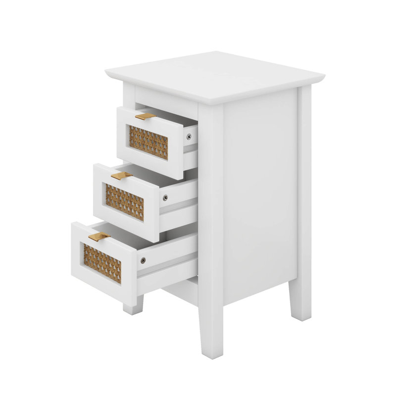 3 Drawers Rattan Nightstands Set Of 2, Wooden End Table With Rattan-Woven Surface, Bedside Table Storage Side Table