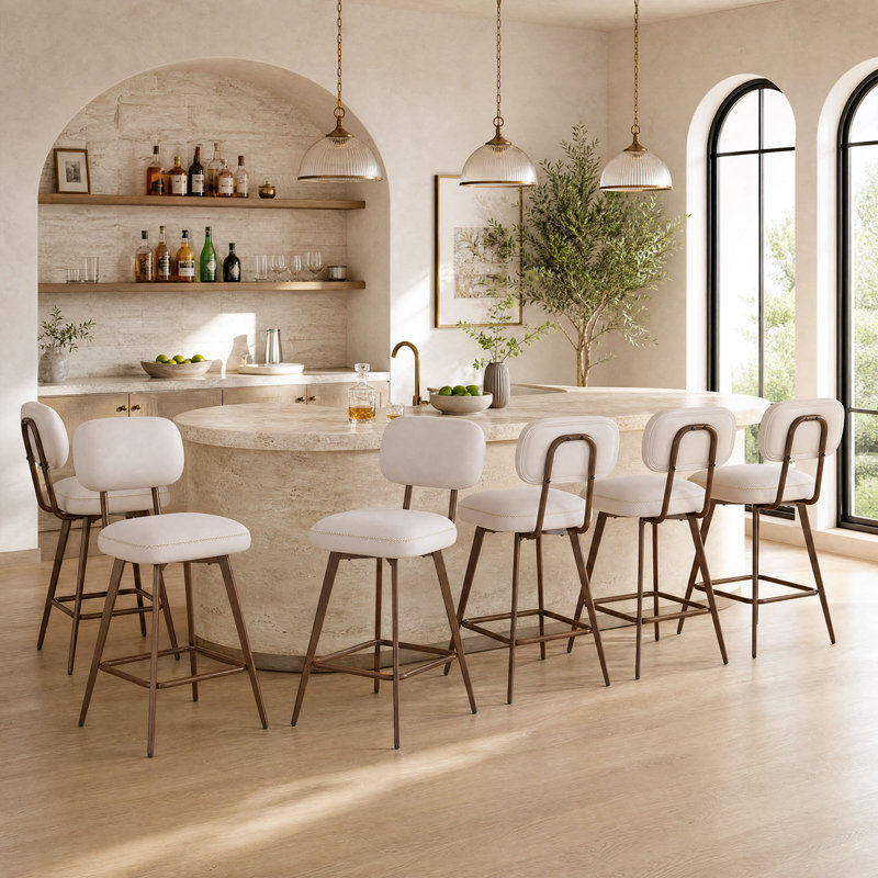 Swivel Upholstered Faux Leather Bar Stool, Beige