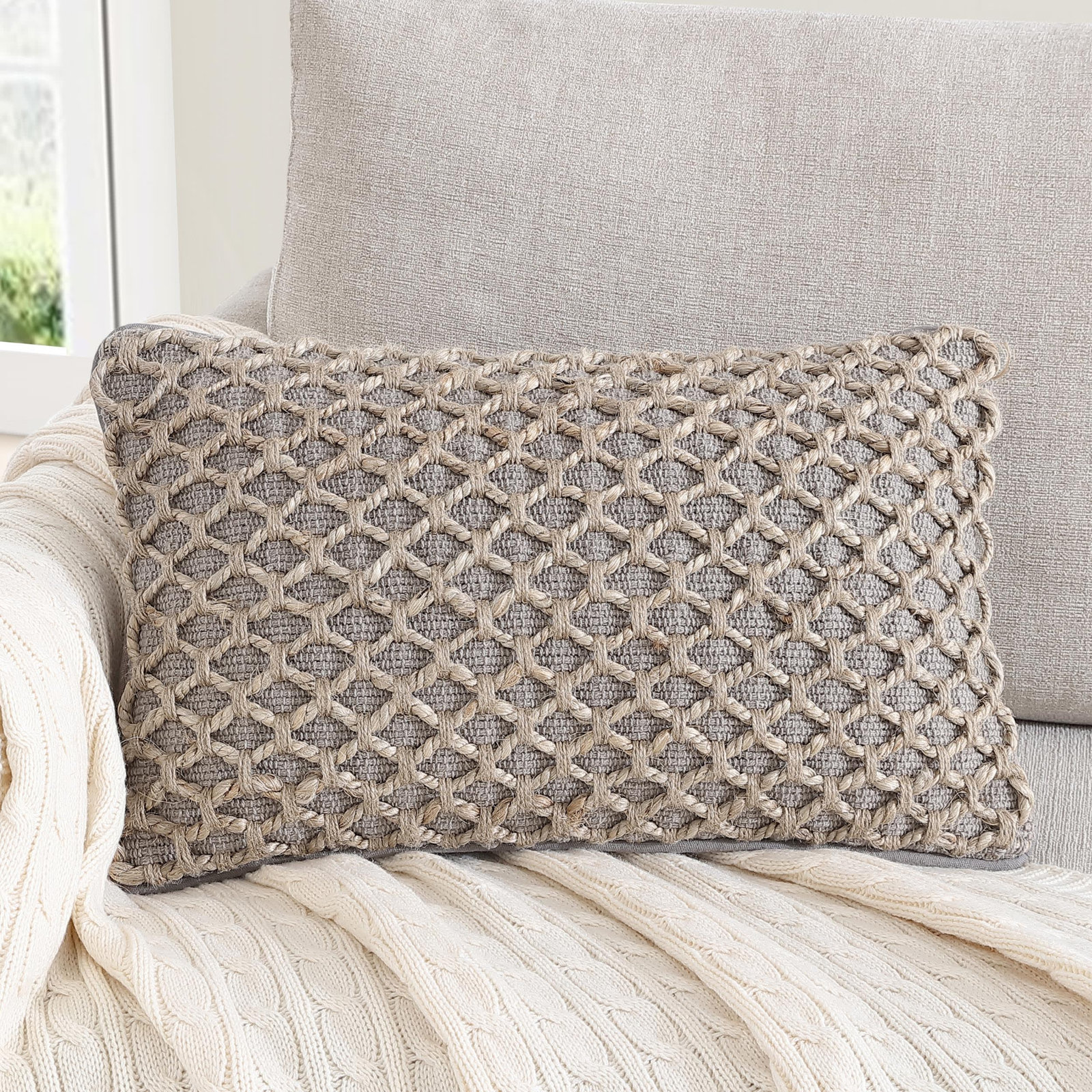 Ablo Textured Cotton Throw Pillow, Gray/Natural, Rectangular 12"H x 20"W