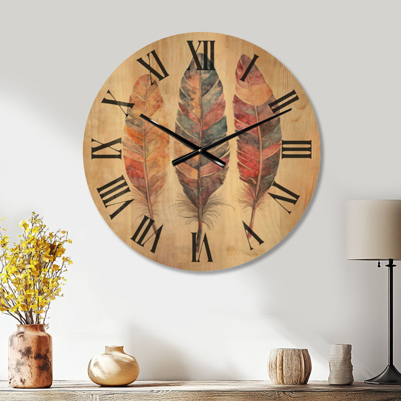 Très grande horloge murale en bois Boho - Free Spirit Feathers, Large