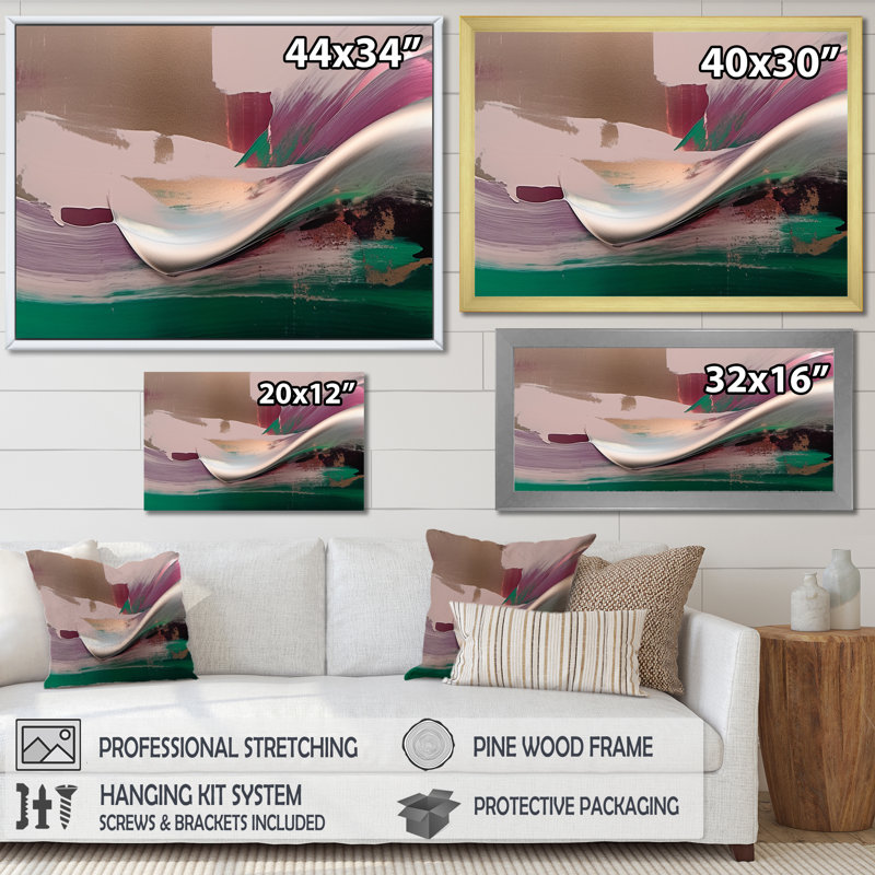 «Minimal Happiness Abstract Painted Wave I», art mural abstrait sur toile, Cadre simple blanc, H 16 po x l 32 po x P 1 po