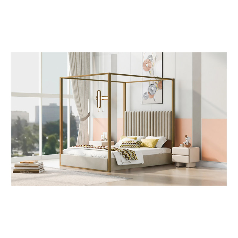 Grand lit plateforme à baldaquin avec tête de lit et structure en métal, beige