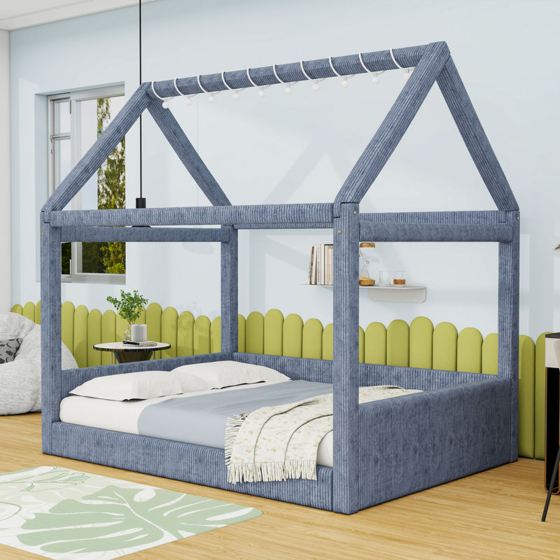 Full-Size Corduroy Upholstered House-Shaped Daybed with LED Light, Gray