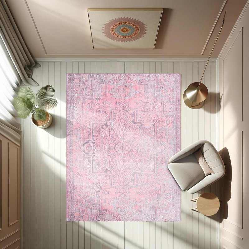 Tapis rose à motif tissé rétro, Rectangle 7 pi 7 po x 10 pi 10 po