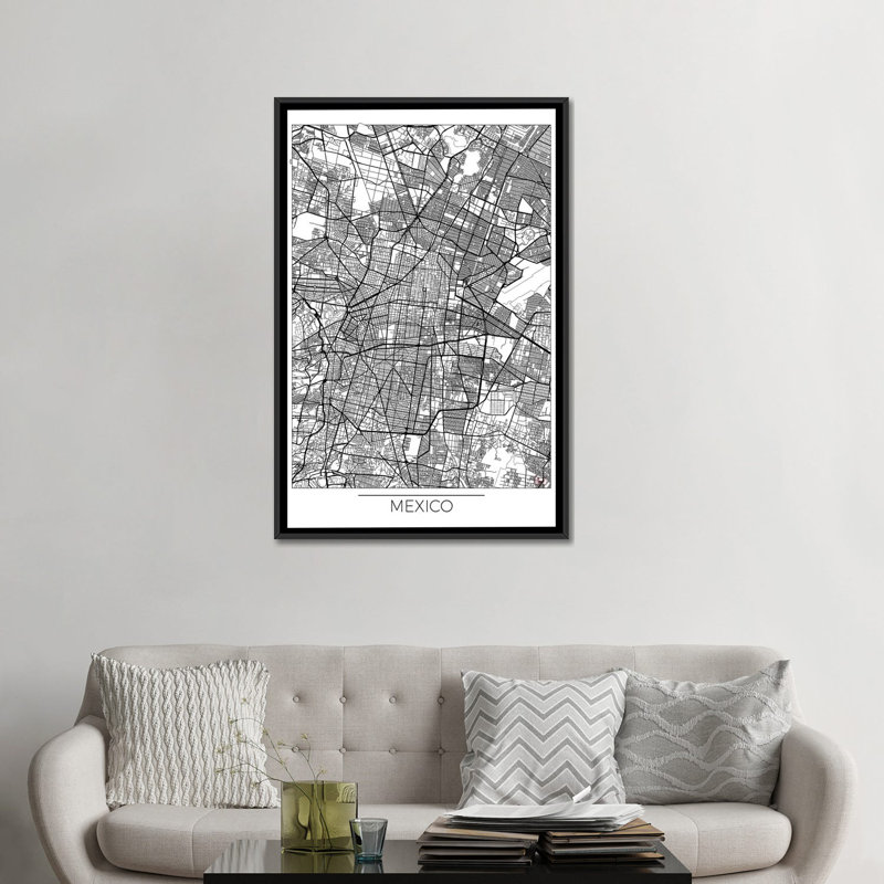 « mexico minimal urban blueprint map », impression sur toile, H 48 po x l 32 po x P 1,5 po, Toile avec cadre noir, Blanc