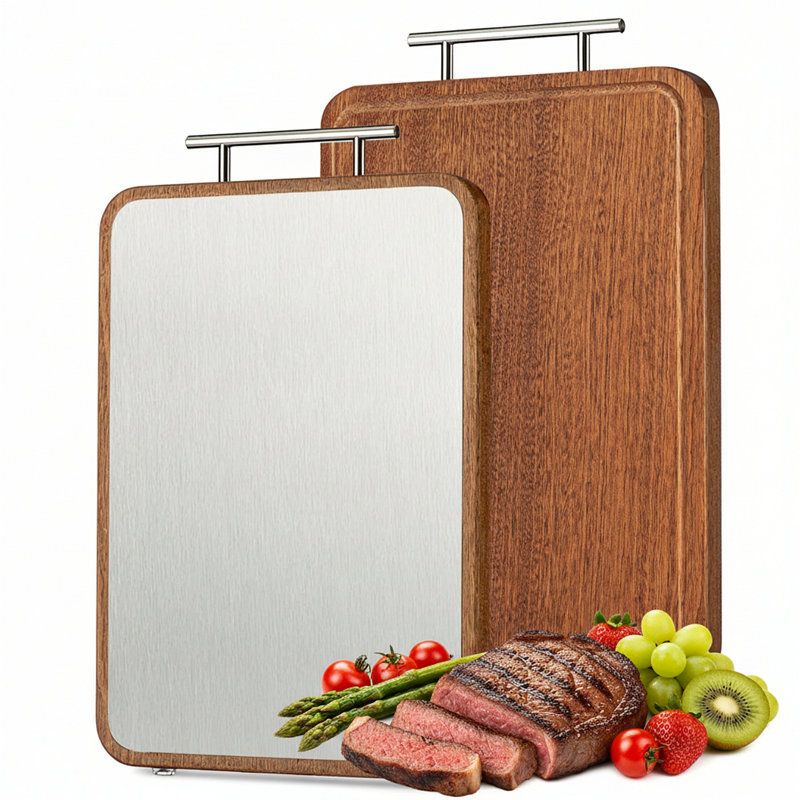 Planche à découper à double face en acier inoxydable 304 et bois d'ébène - rainure de jus à 360 °, planche de cuisine hygiénique non poreuse avec base en silicone antidérapante