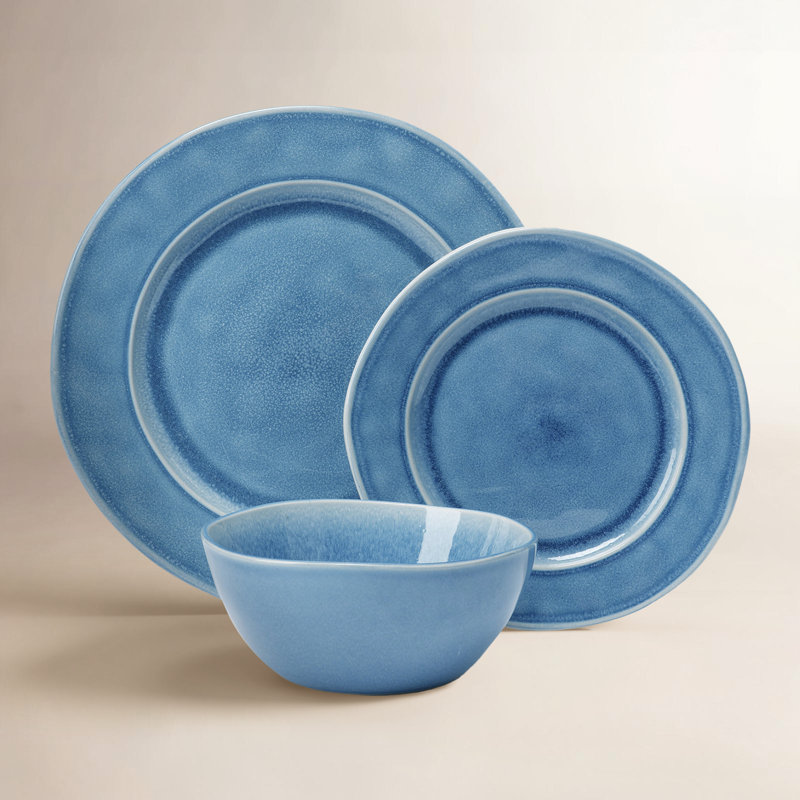  12 piece Stoneware Dinnerware Set - Service for 4, Lagoon Blue