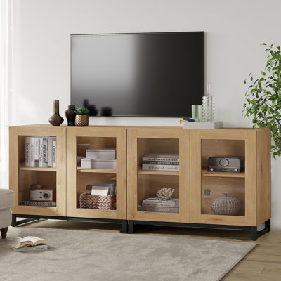 Meuble télé moderne avec portes en verre pour téléviseurs de 70 pouces, console de divertissement 2 en 1 avec tablettes réglables et base en métal pour le salon, la chambre à coucher