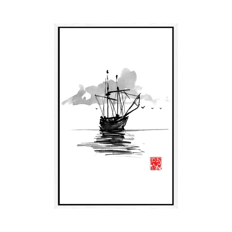 Boat by Péchane - Painting on Canvas, 152.5 cm H x 101.5 cm W, White Framed