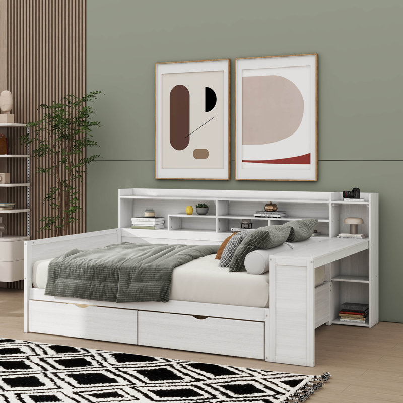Wooden Daybed Featuring Built-in Storage, Drawers, and an Adjacent Work Desk, Antique White