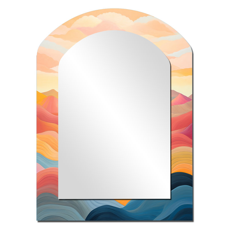 «Bold Sunset Mountain Horizon», miroir mural arqué rose, miroir décoratif asymétrique traditionnel, impression d'art en métal