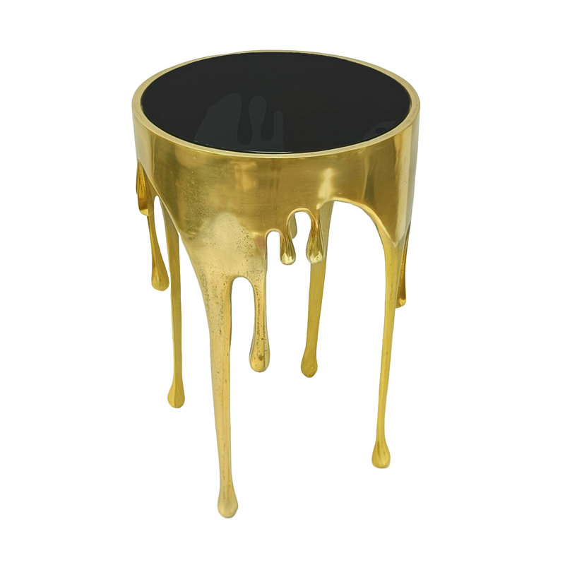 24.75" Modern Round Glass Top Side End Table with Melting Drip Design in Antique Gold Accent Table, Gold