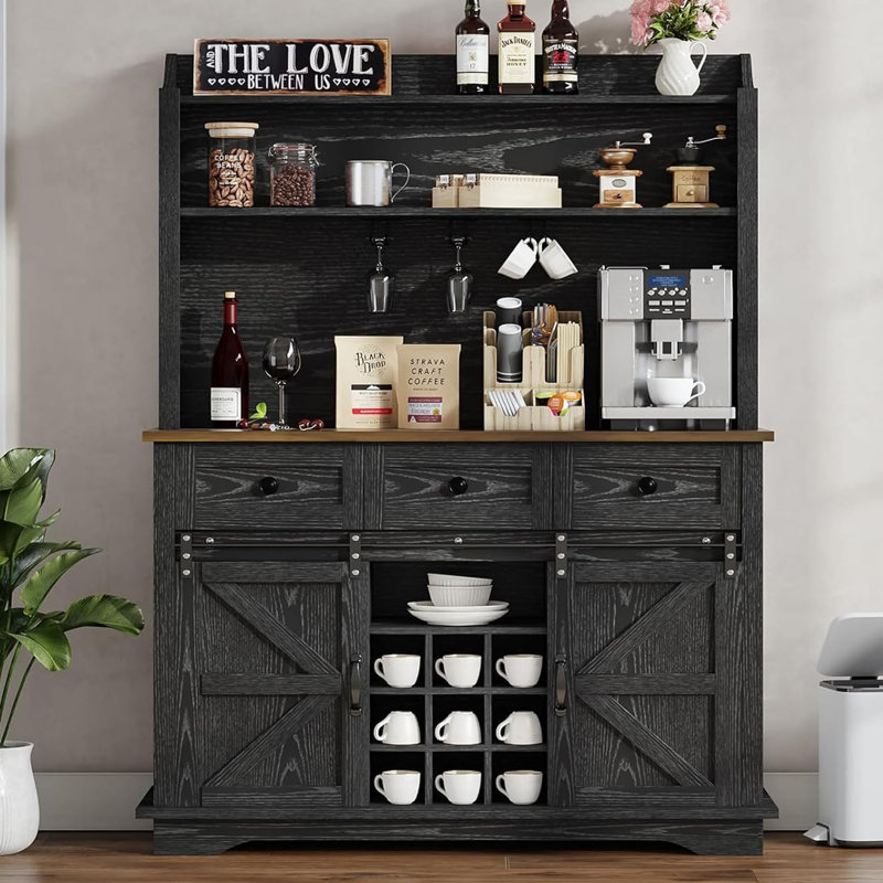 Abrianna 72" Coffee Bar Cabinet,Hutch Cabinet,Farmhouse coffee bar cabinet,with Wine Glass Holder for Dining Room Kitchen