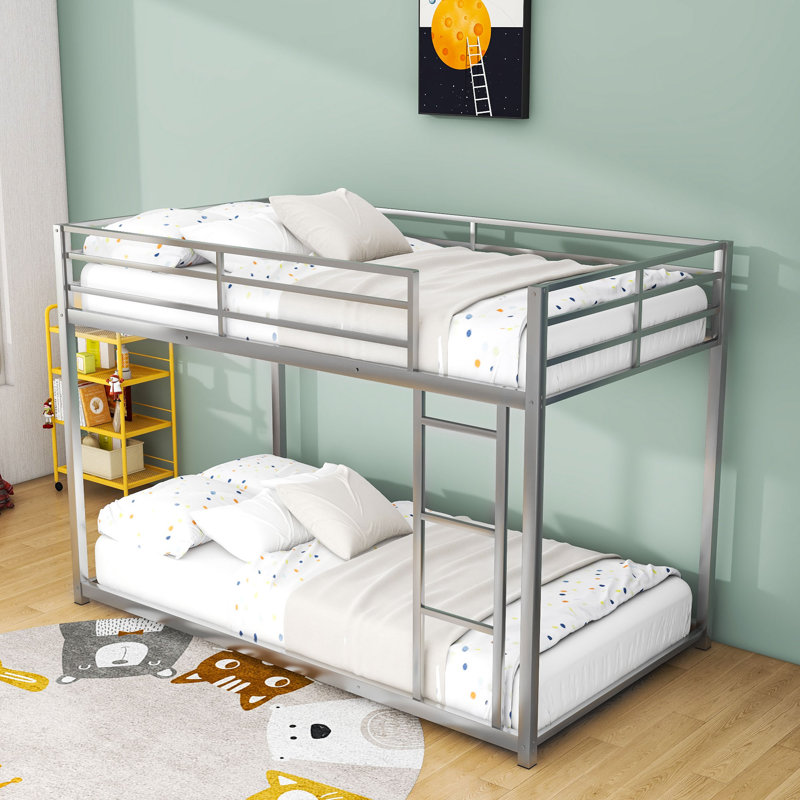 Twin Over Twin Metal Bunk Bed With Ladder And Guardrails, Silver, Twin